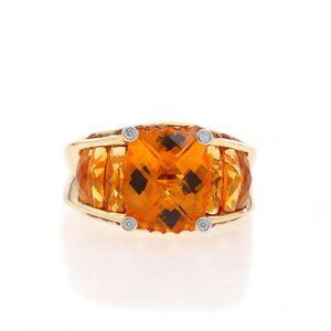 Bellarri Citrine & Diamond Ring - Yellow Gold 18k Cushion Scalloped Edge Sz 8